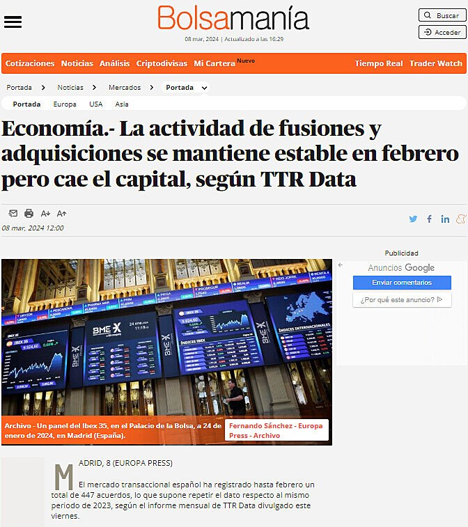 Economa.- La actividad de fusiones y adquisiciones se mantiene estable en febrero pero cae el capital, segn TTR Data